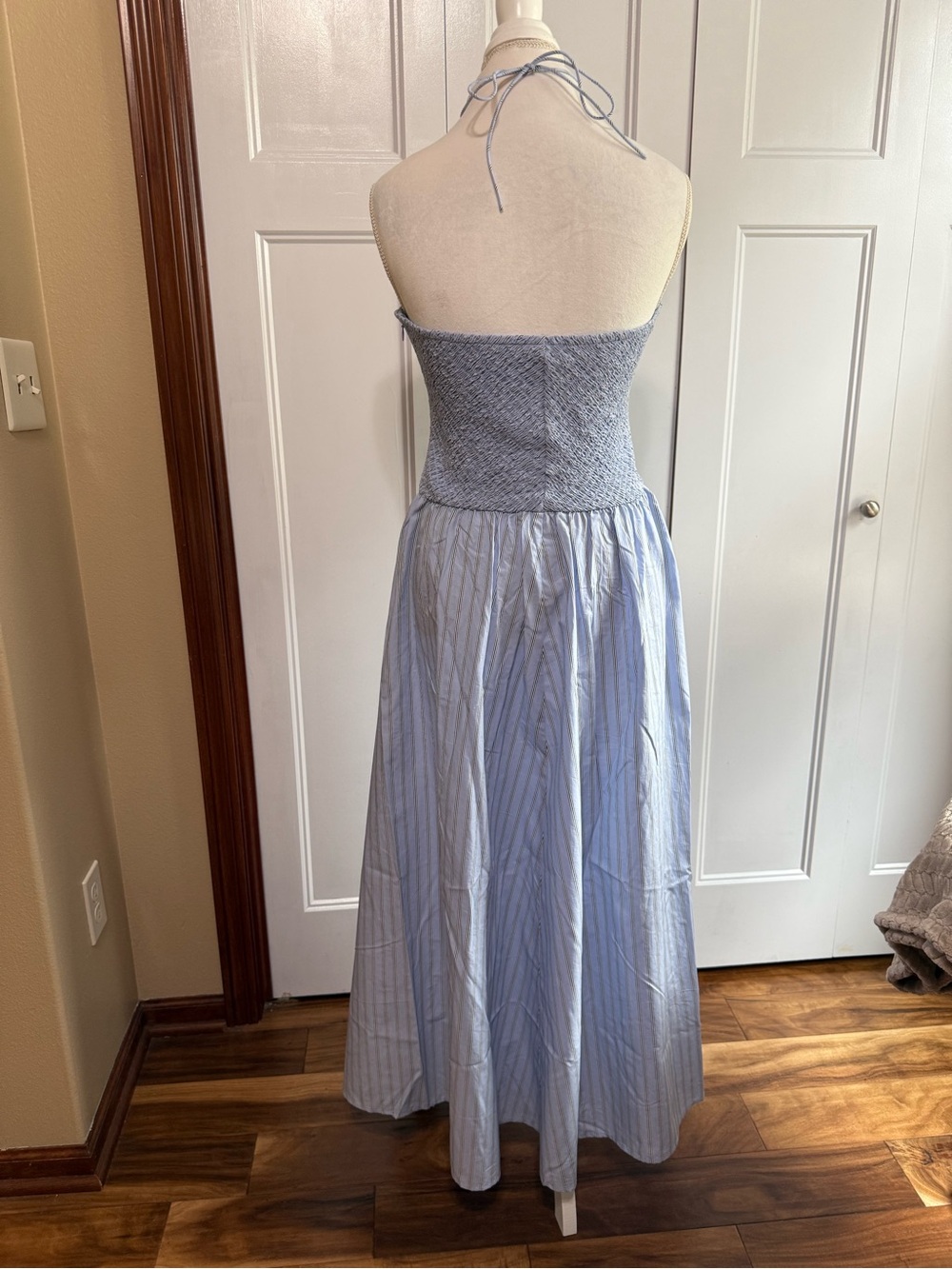 J. Crew Light Blue Halter Smocked Midi Dress in Stripe M - Picture 9 of 14